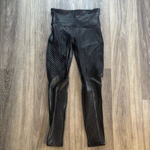 SPANX Black Faux Leather Leggings Size Medium Moto Slimming
